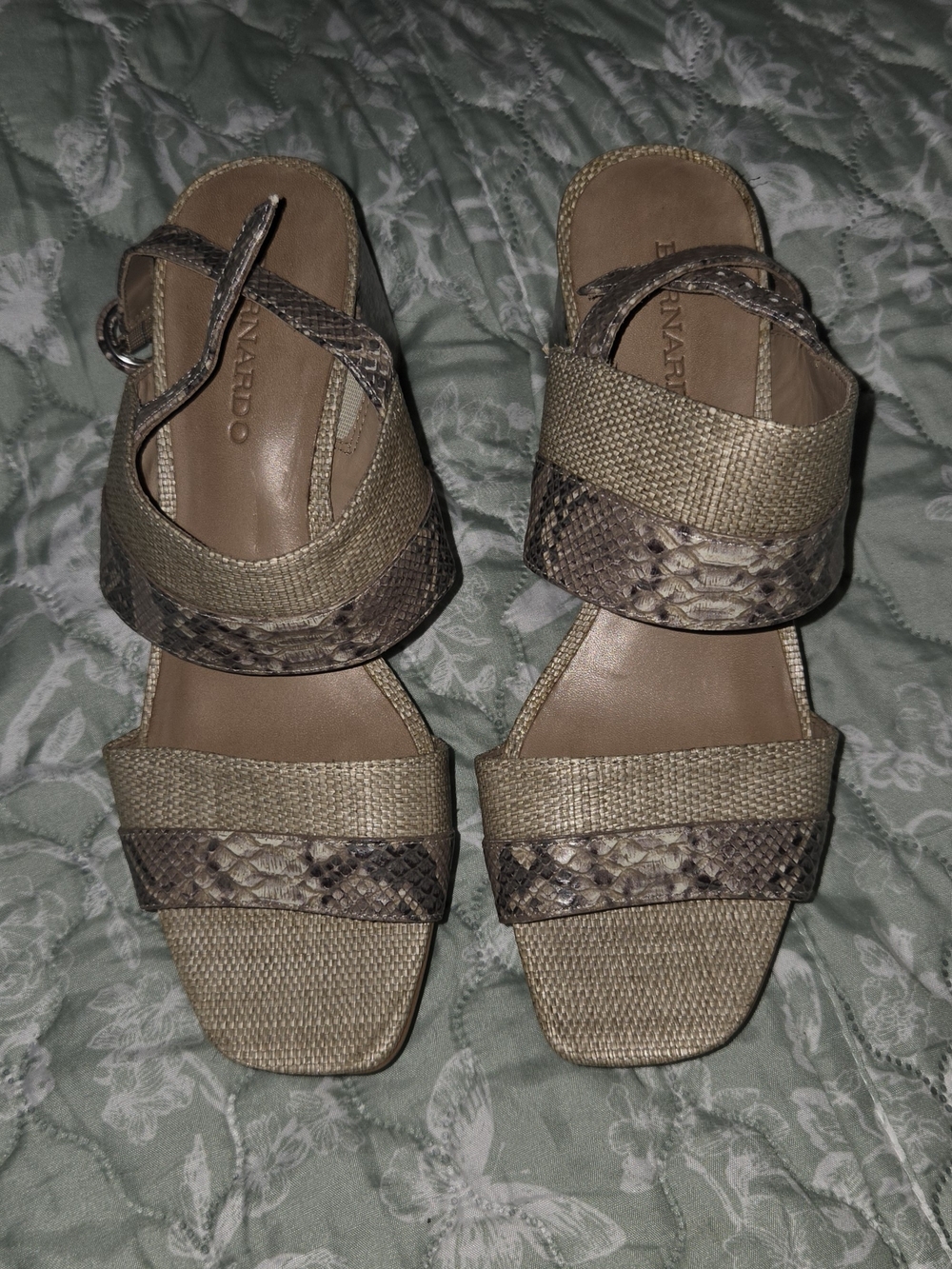 Bernardo Beige Woven & Faux-Snakeskin Strap Sandals